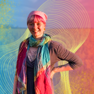 woman dressed in hippie style standing in field, decorative elements around